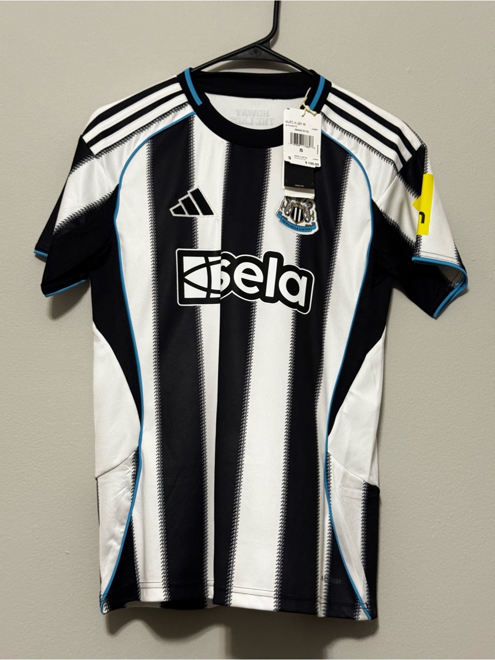 adidas Women’s Black & White Striped Soccer Jersey with Blue Trim Newcastle Team